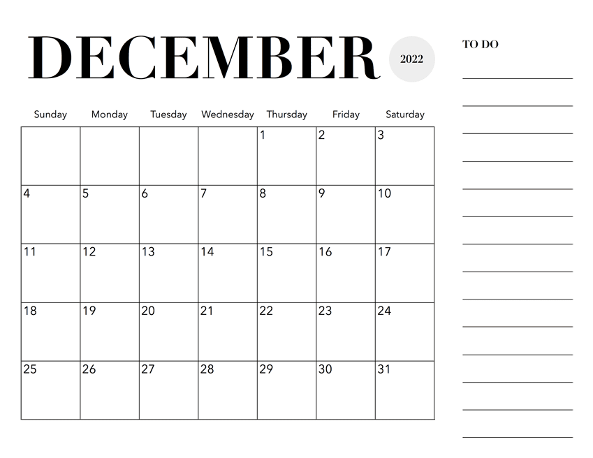 December 2022 calendar with notes