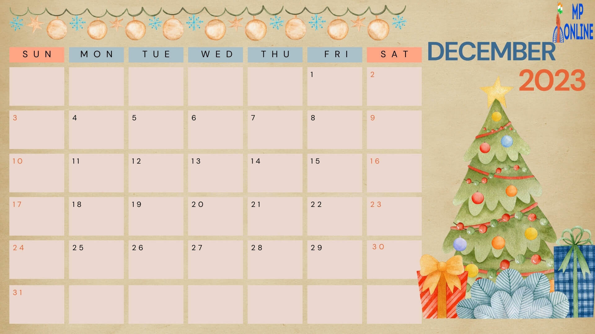 Printable Free Cute December 2023 Calendar