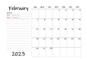 2023 February Calendar Blank with Notes
