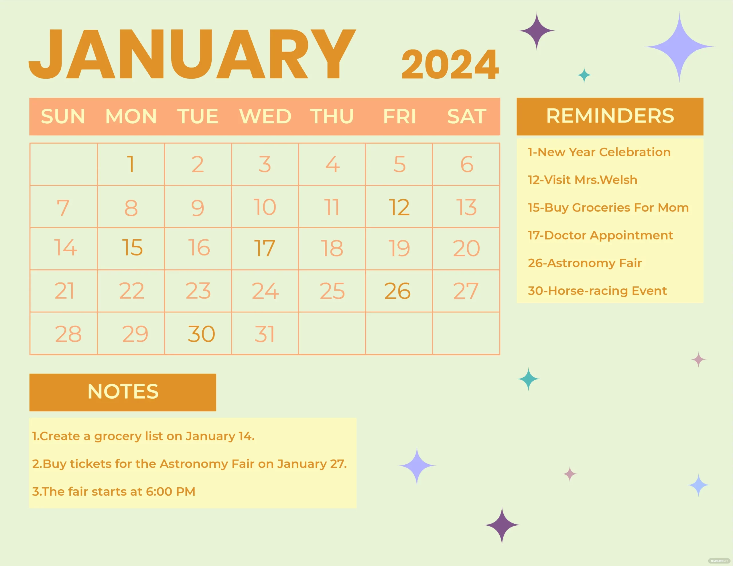 Colorful January 2024 Calendar