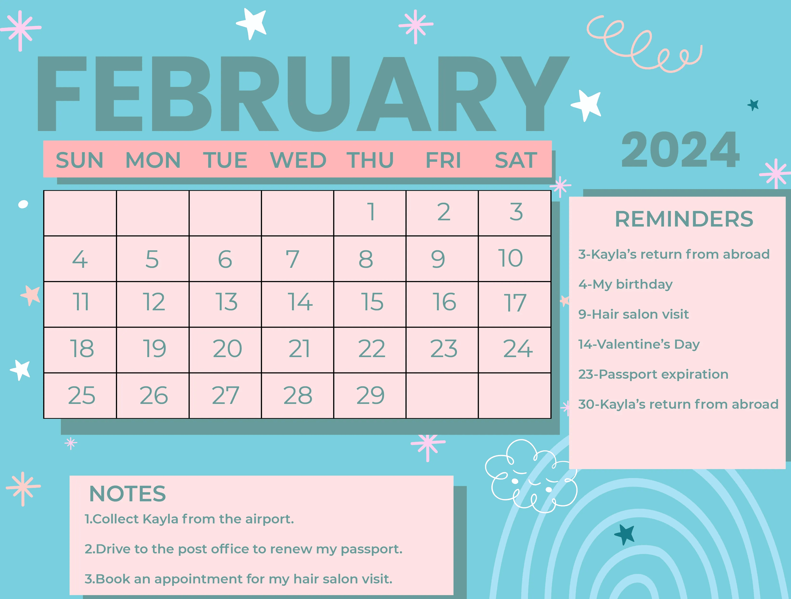 Cute February 2024 Calendar Templates