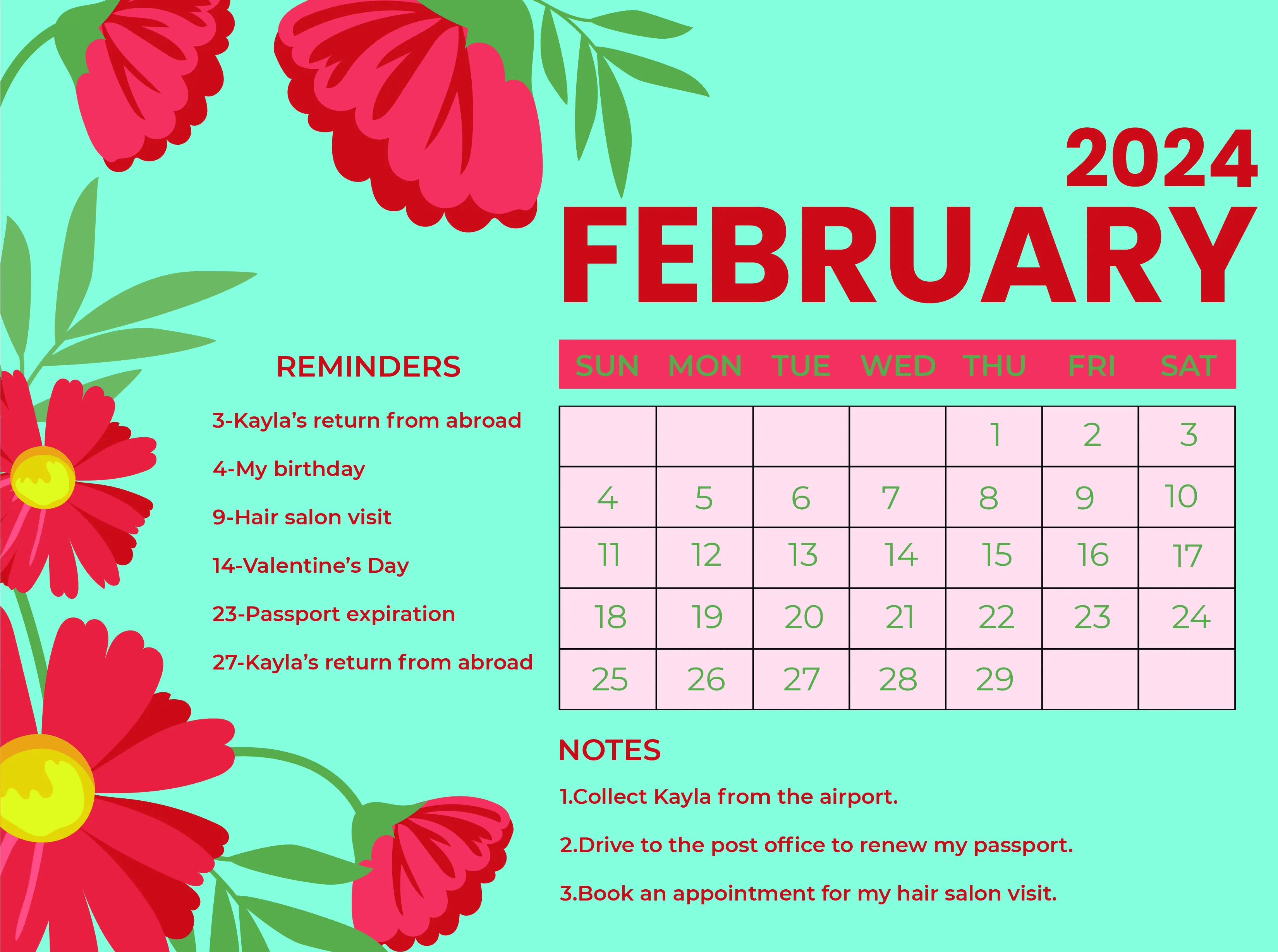 Cute February 2024 Floral Calendar