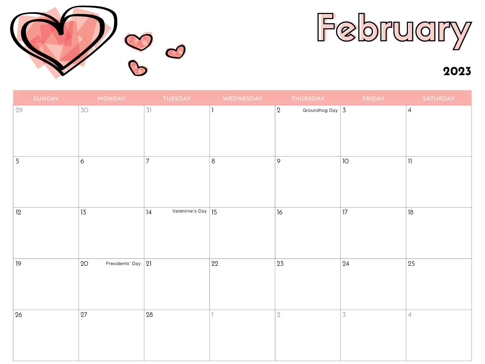 Cute February Floral Calendar 2023