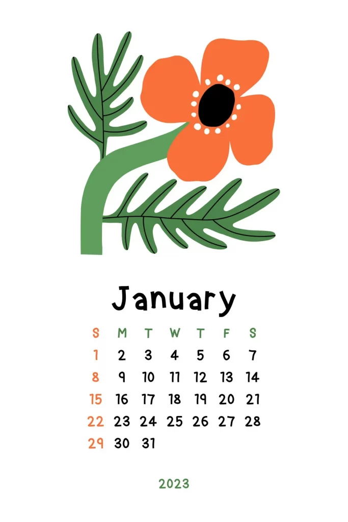 Cute Floral January Calendar 2023