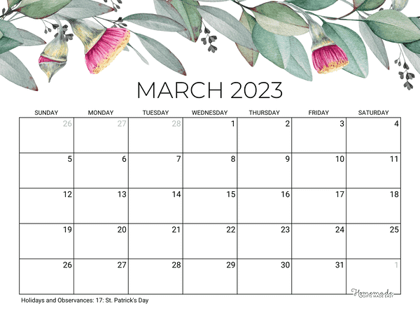 Cute March Calendar 2023