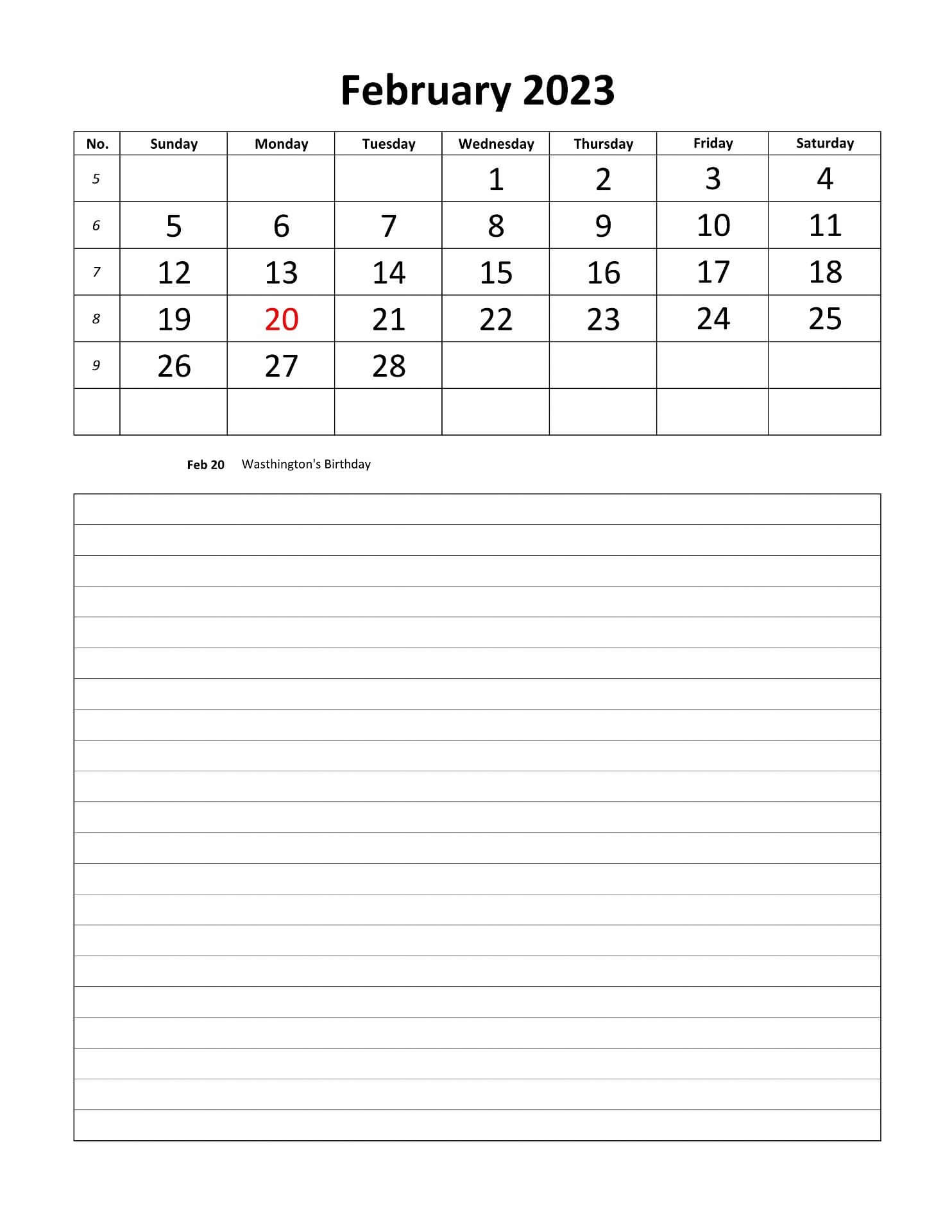 Editable February 2023 Calendar Excel