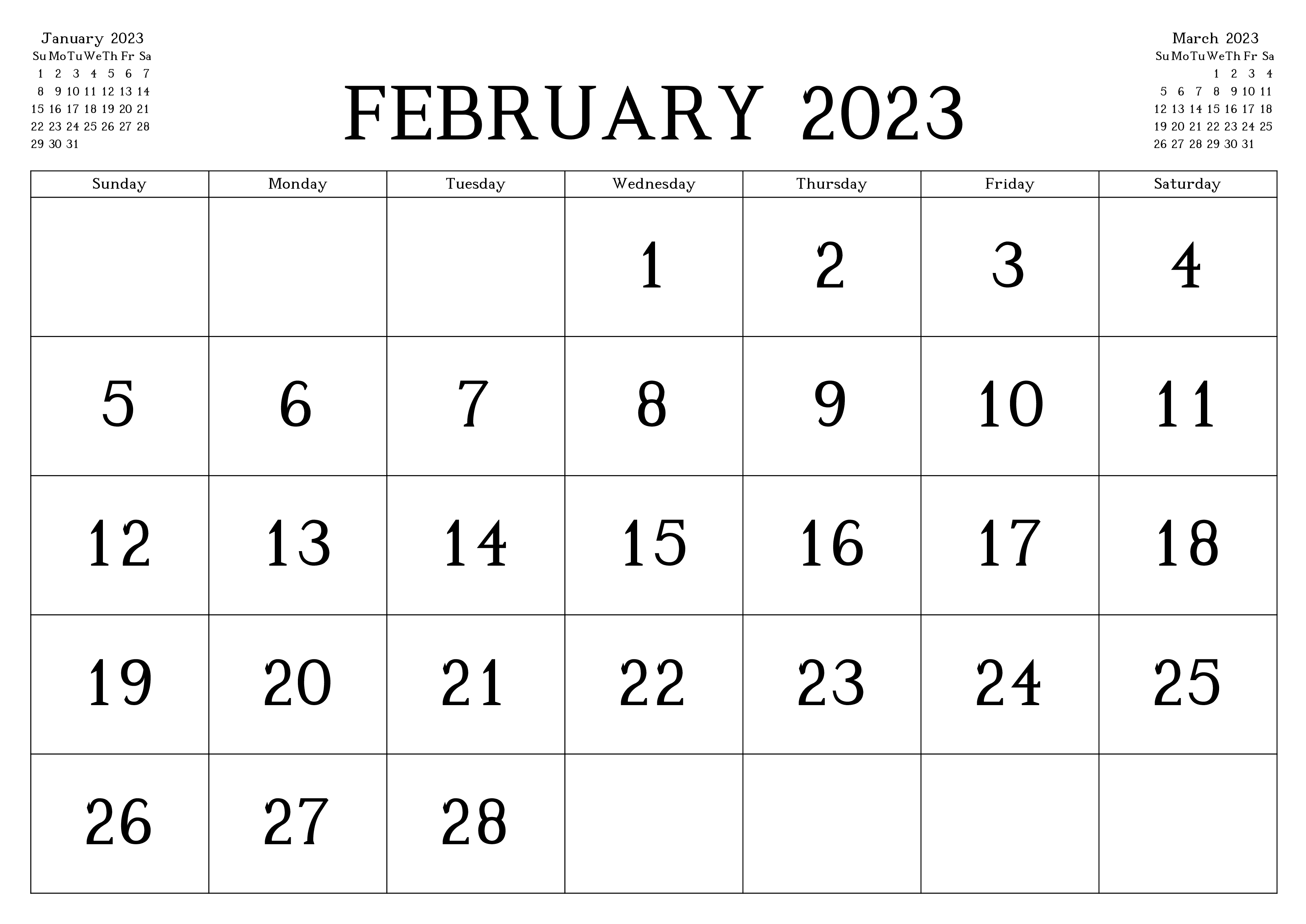 February 2023 Calendar A4 Size
