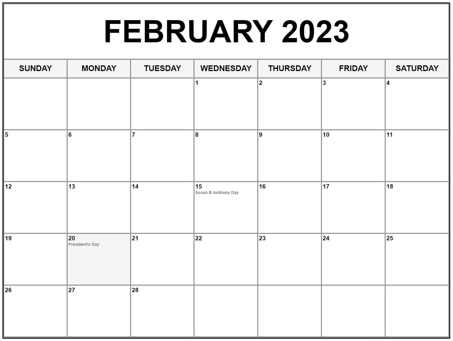 February 2023 calendar US Holidays