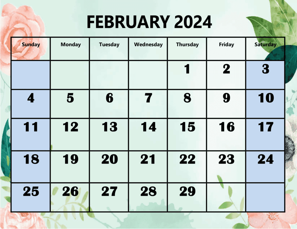 February 2024 Rose and Leaf Background Calendar