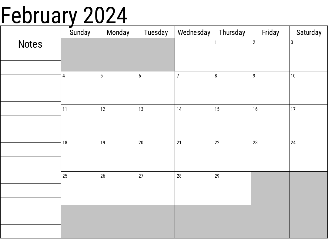 February Calendar 2024 Template Word