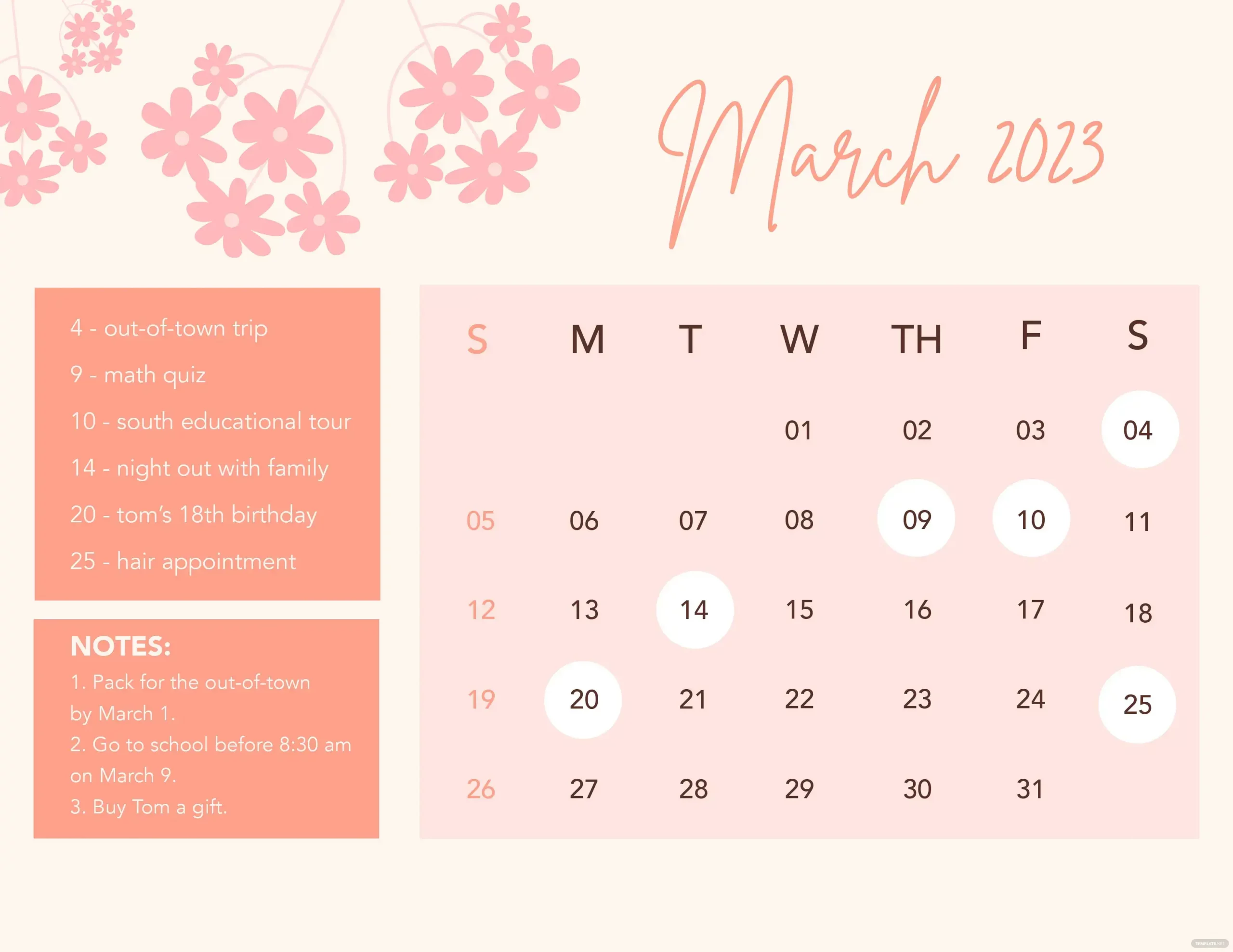 Floral 2023 March Calendar