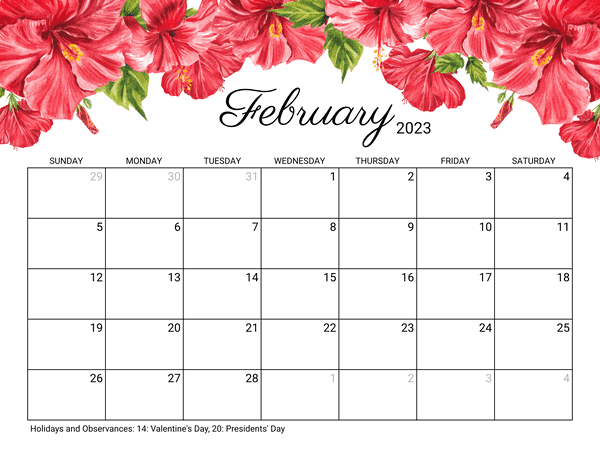 Floral February 2023 Calendar Printable Templates