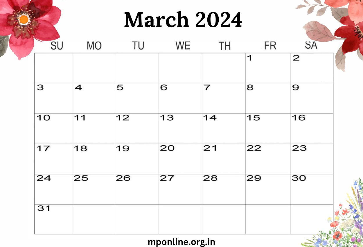 Floral March 2024 Calendar For Desk