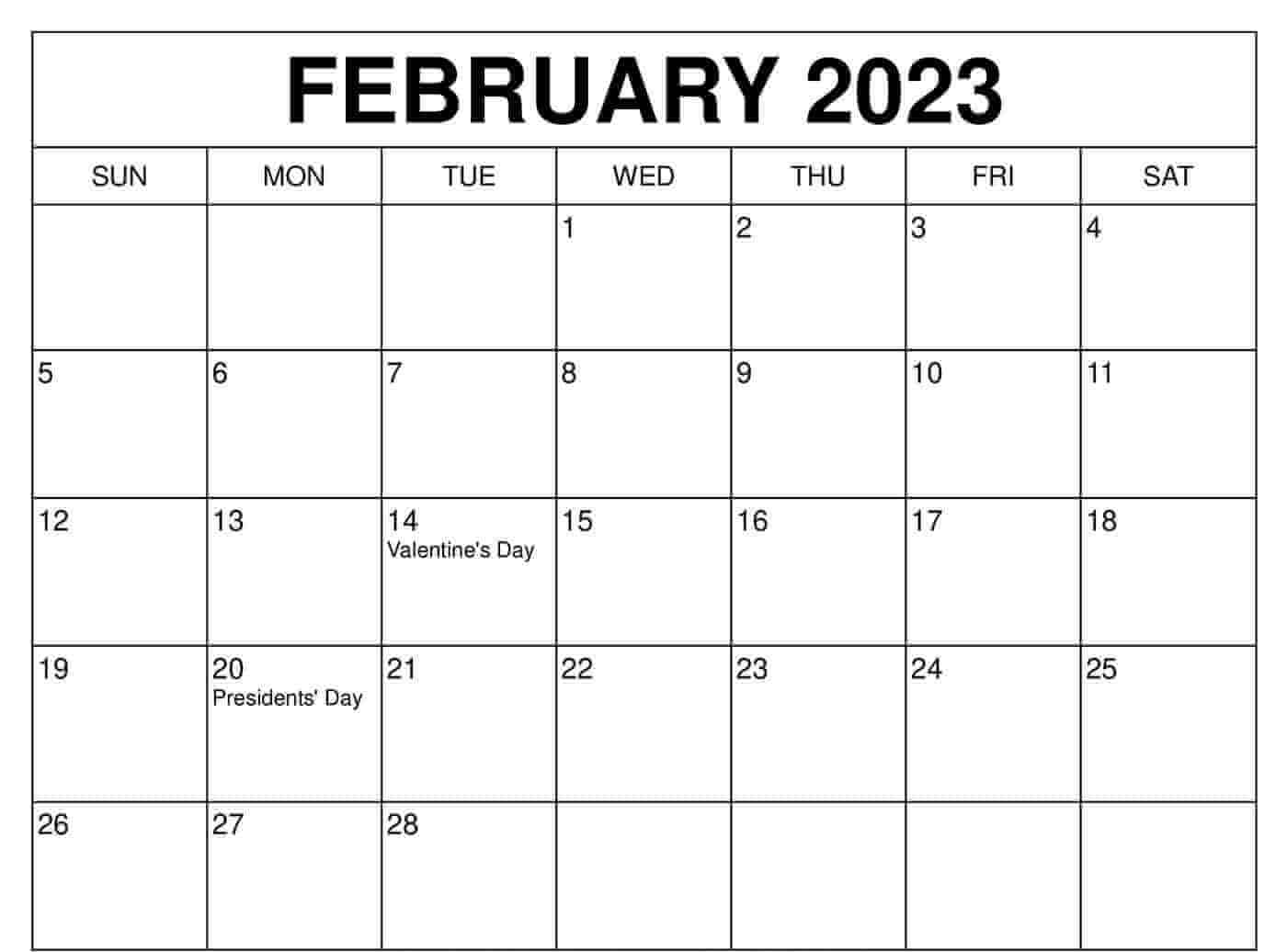 Free February 2023 Calendar US