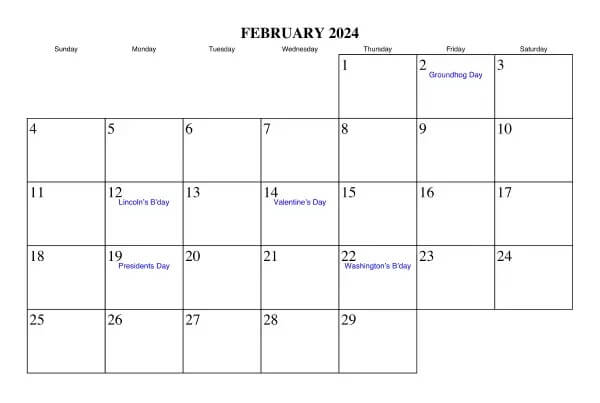 Free February 2024 Calendar
