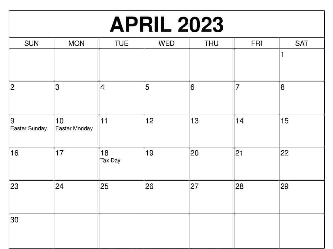 Free Monthly April 2023 Calendar
