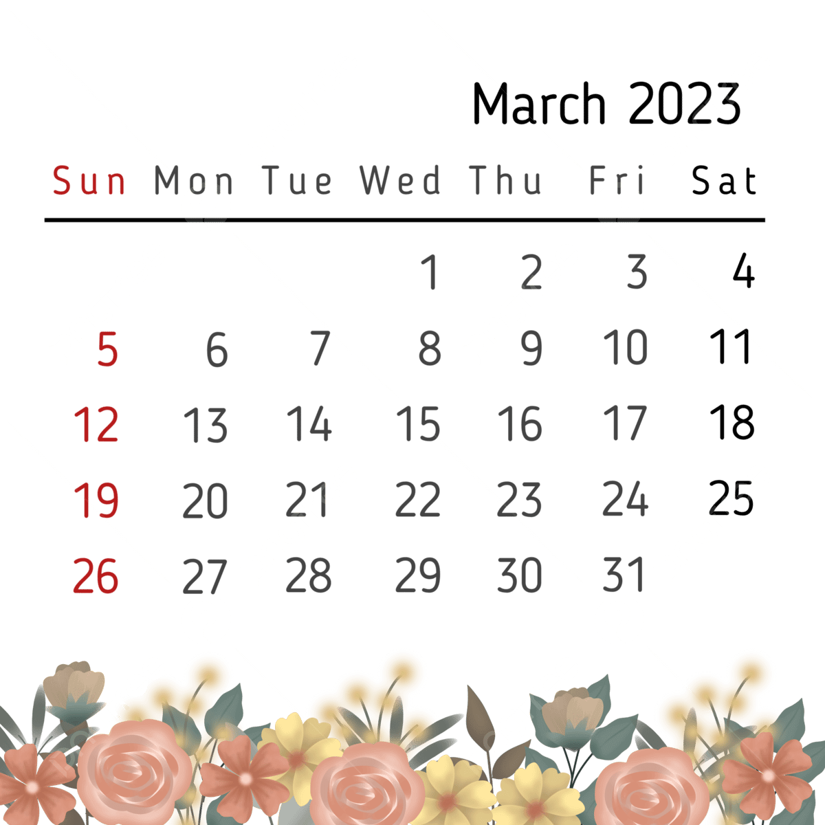 Free Printable March 2023 Floral Drop Calendar