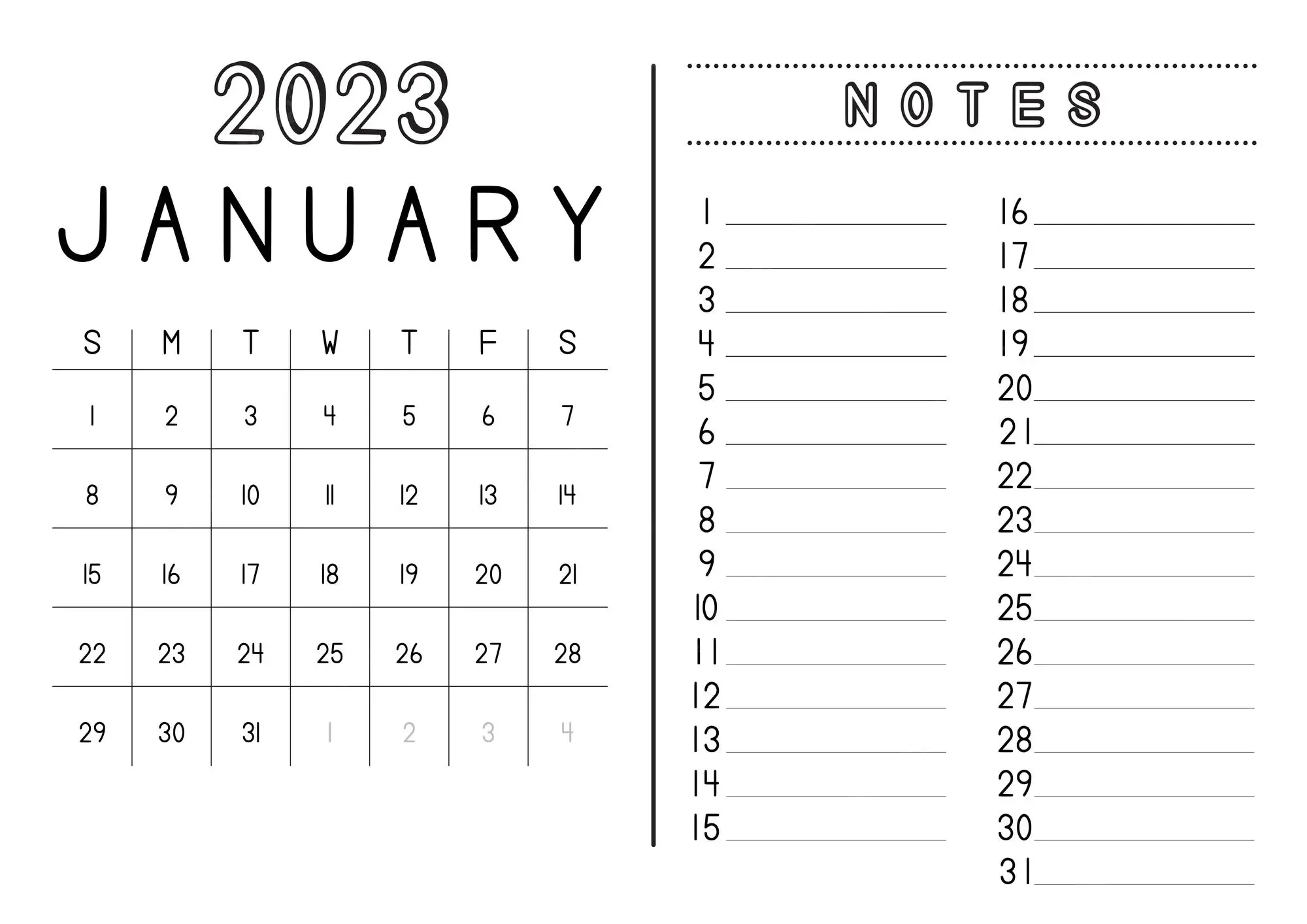 January 2023 Calendar Excel