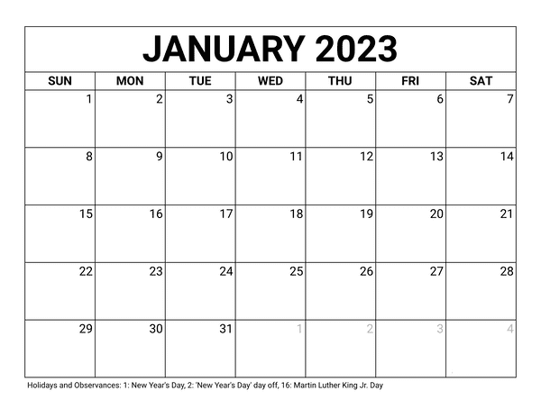 January 2023 Calendar PDF