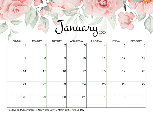 January 2024 Calendar Floral