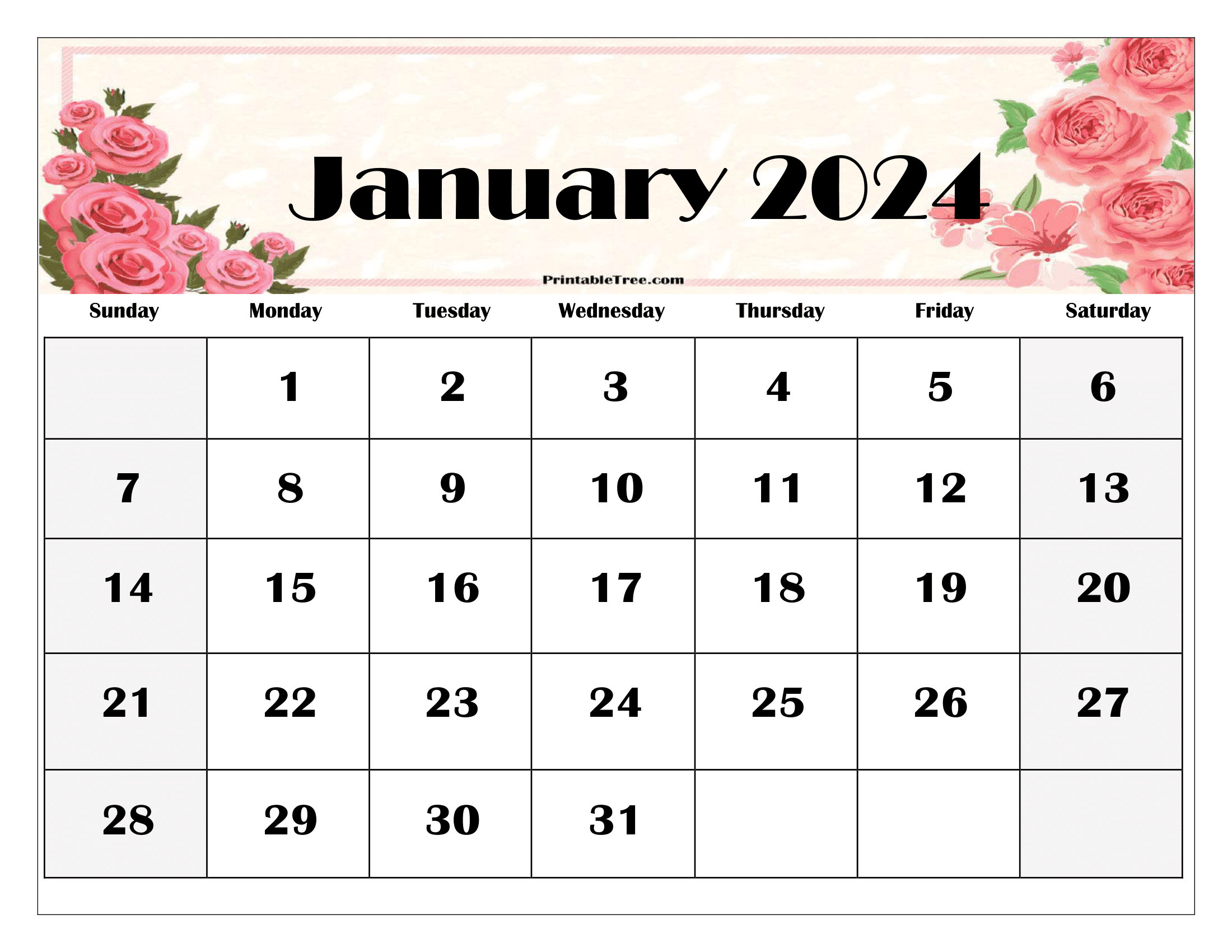 January 2024 Floral Calendar Printable