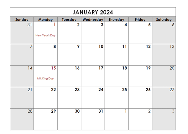 January 2024 blank calendar