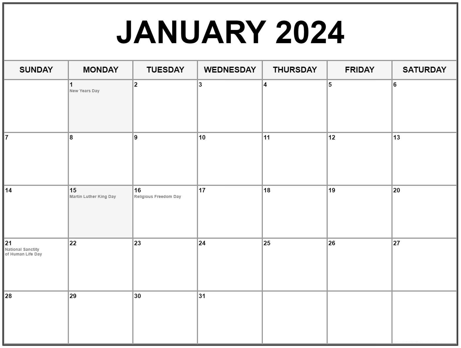 January 2024 calendar landscape orientation