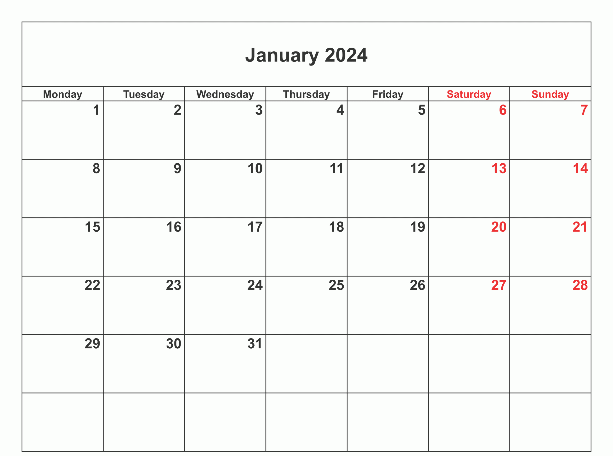 January 2024 calendar template with holidays and events