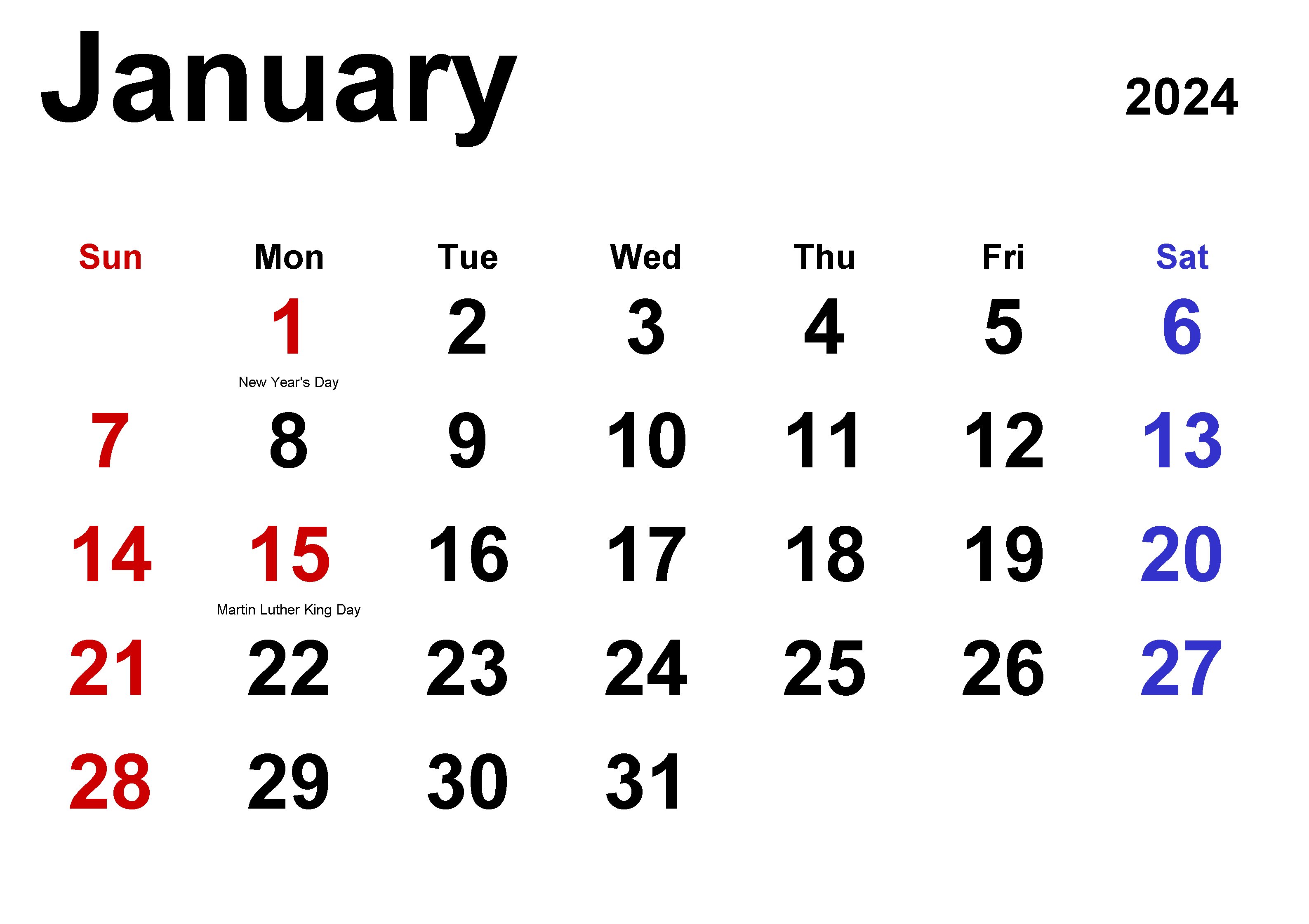 January 2024 calendar template with large boxes