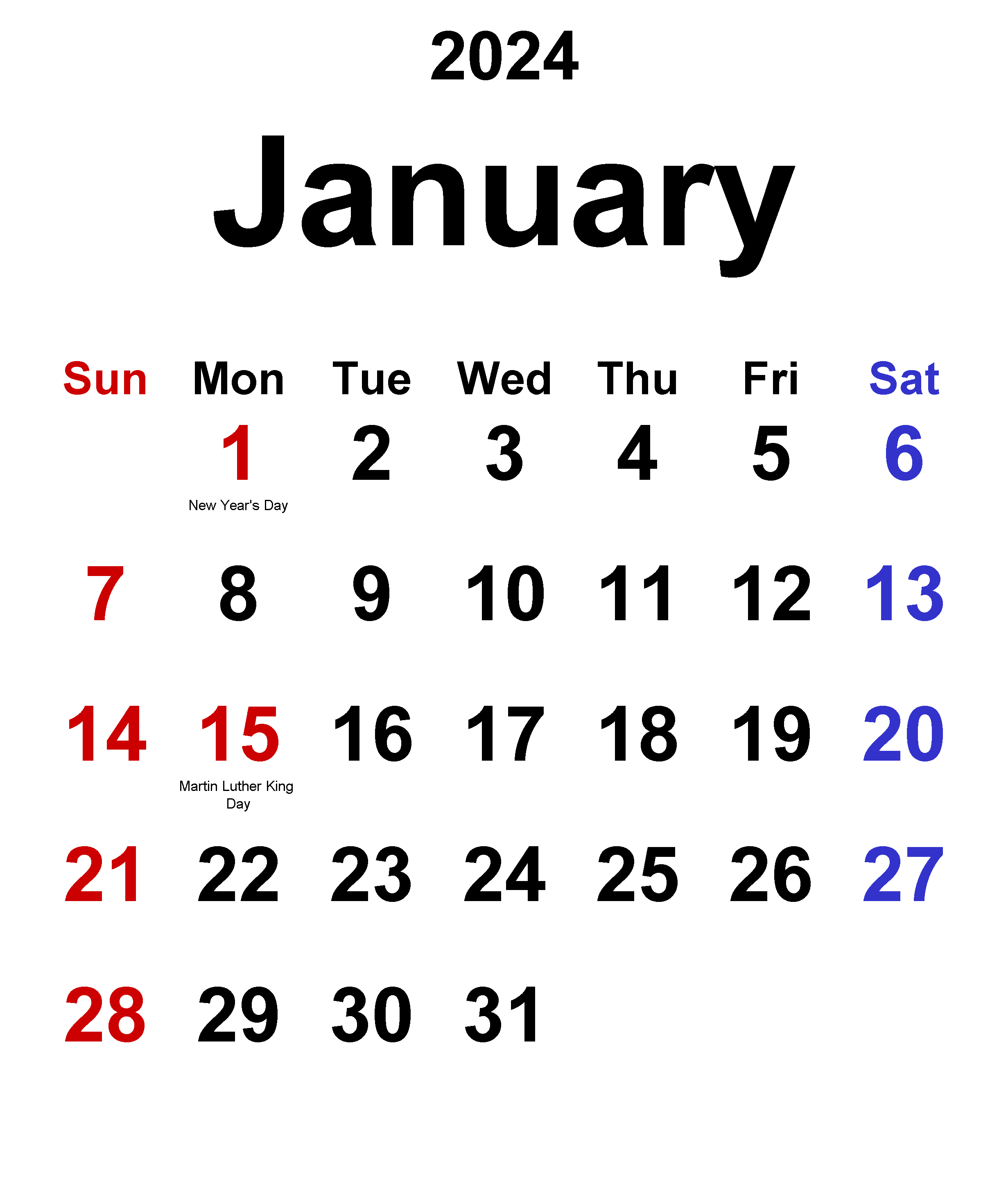January 2024 editable calendar