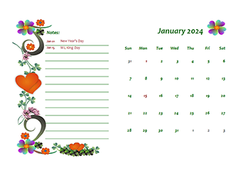 January 2024 floral monthly kids calendar template