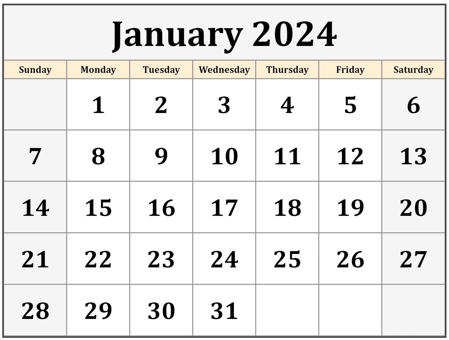 January 2024 monthly calendar