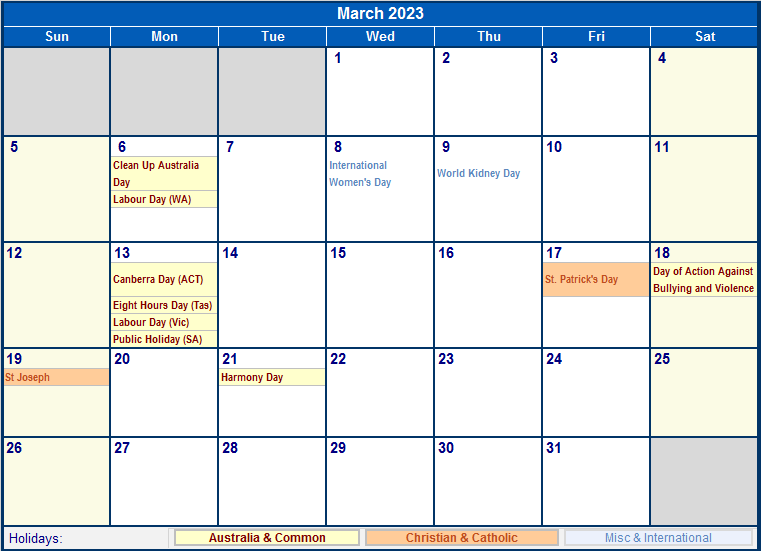 March 2023 Australia Calendar with Holidays