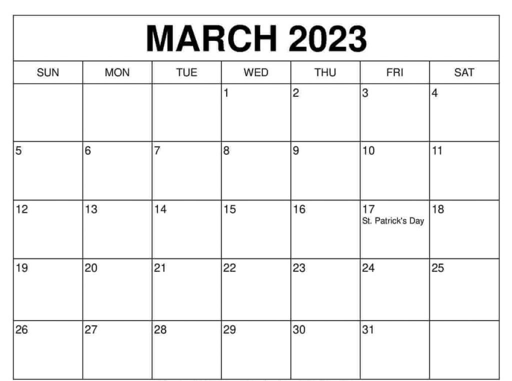 March 2023 Holidays Calendar Printable