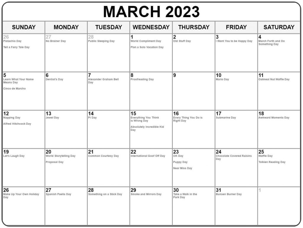 March 2023 Holidays Calendar Template