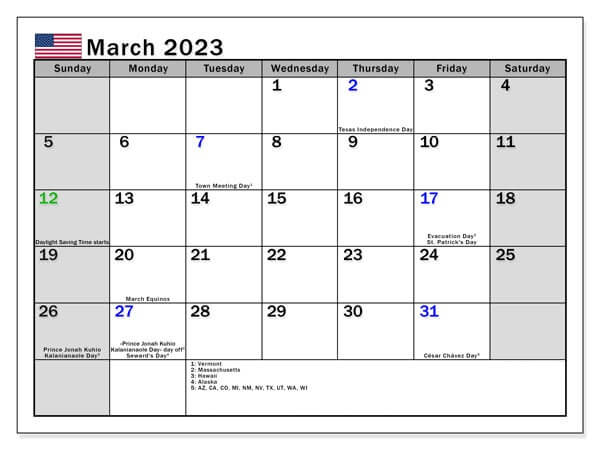 March 2023 Holidays Calendar USA