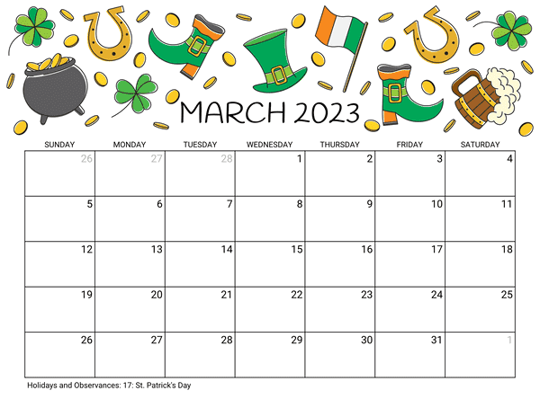 March 2023 Holidays Calendar