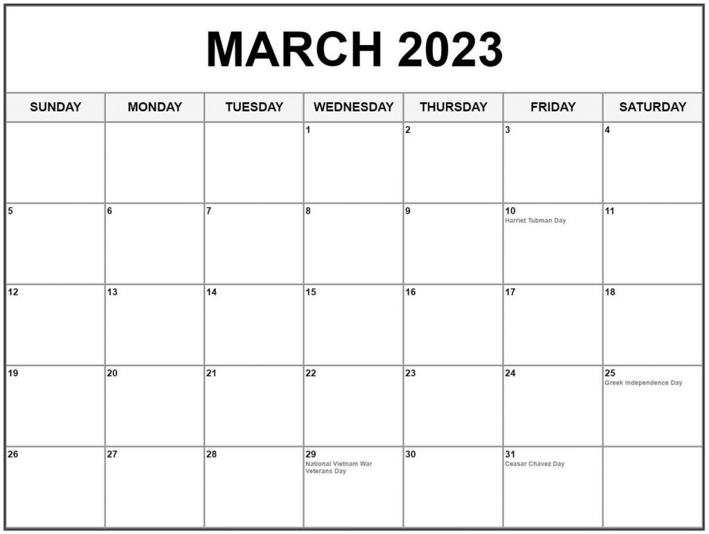 March 2023 calendar US Holidays