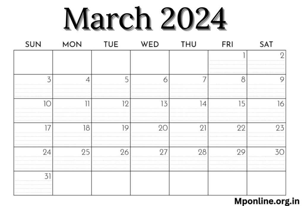 March 2024 Landscape Calendar Template
