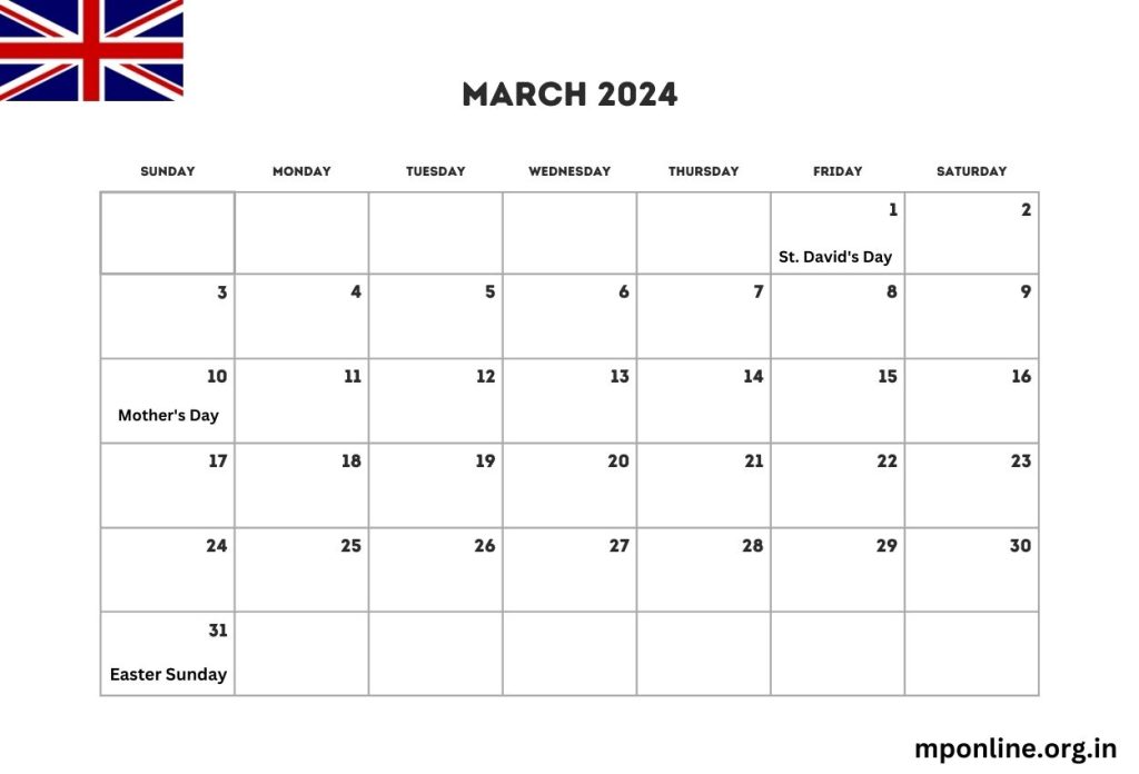 March 2024 UK Calendar