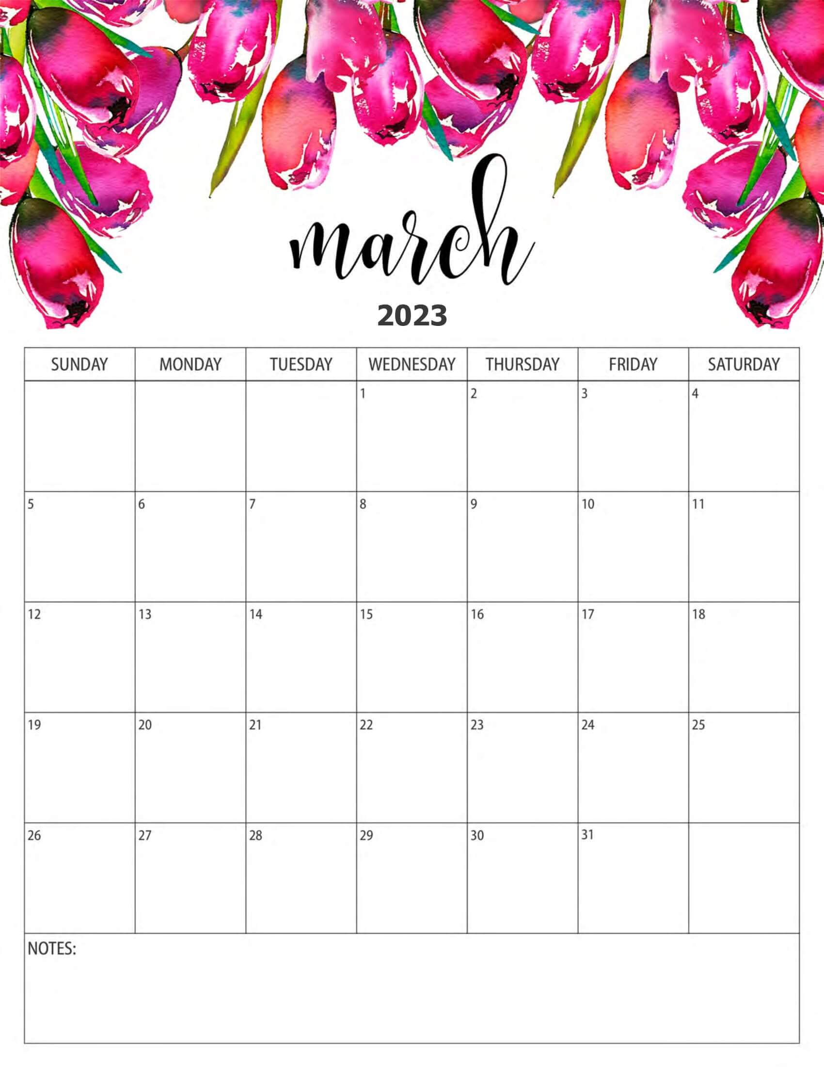 Red Roses March 2023 Calendar with Notes