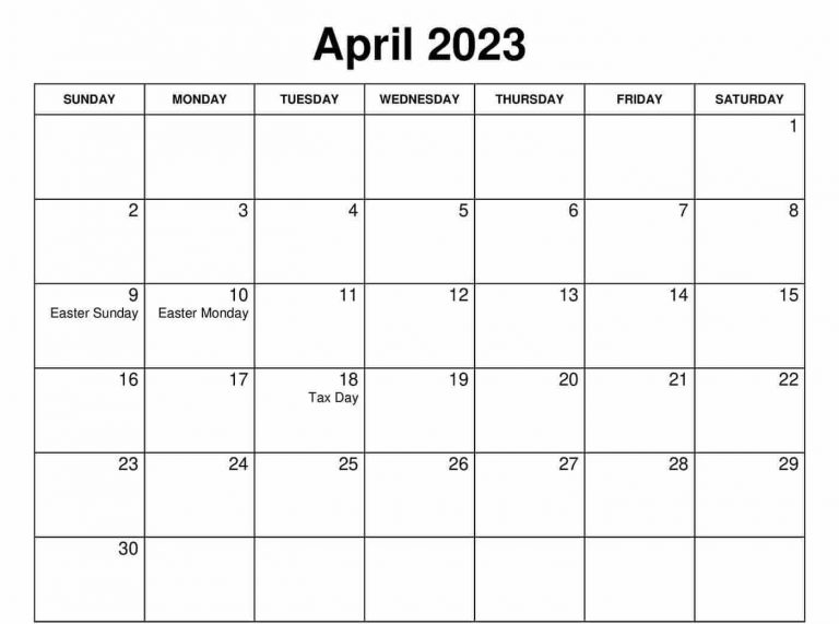 Printable April 2023 Holidays Calendar Template