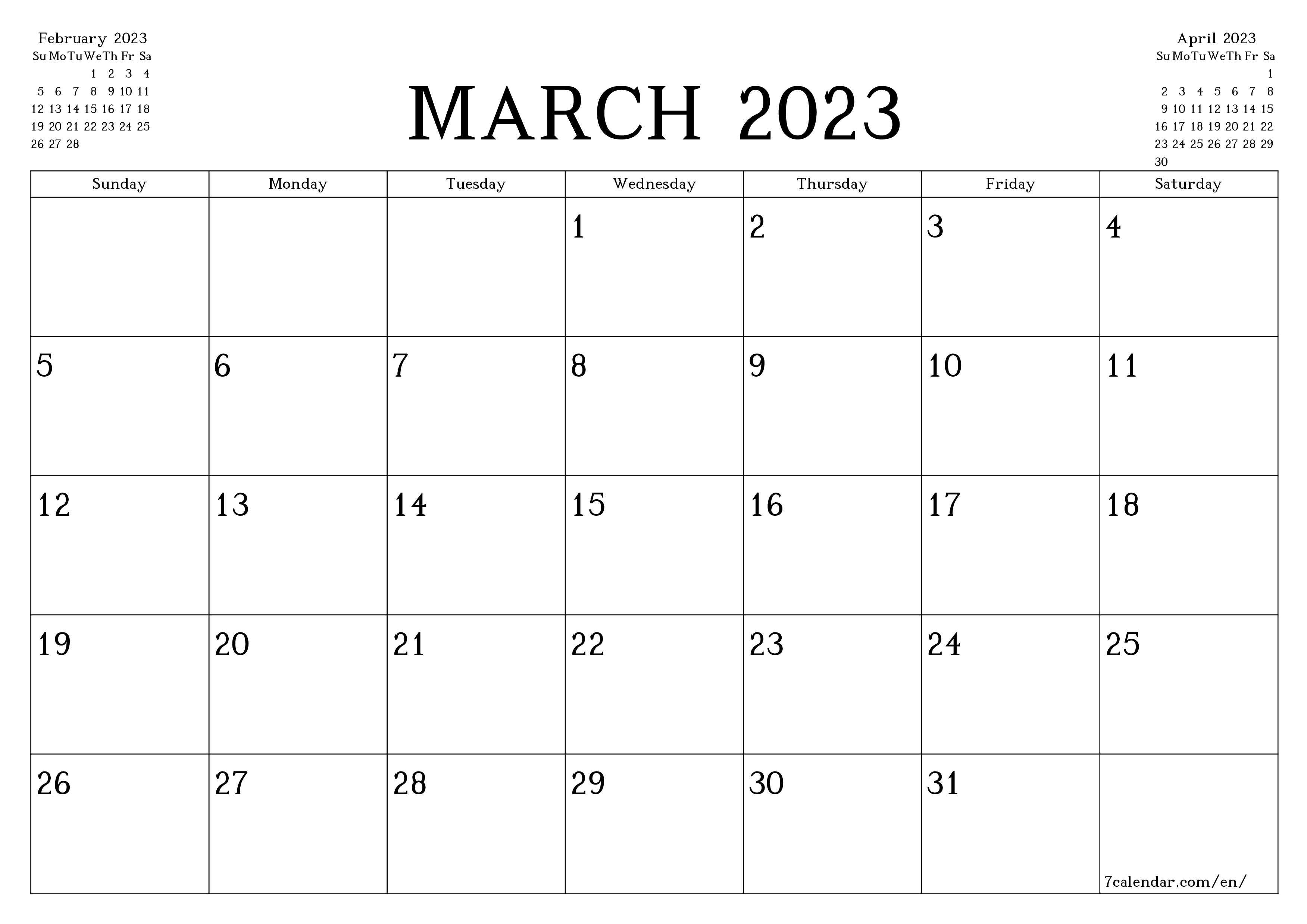 Blank March Calendar 2023 Template