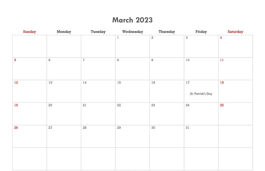 Editable March Calendar 2023 Templates
