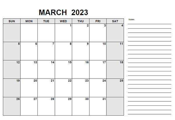 Editable March Calendar 2023 with Notes