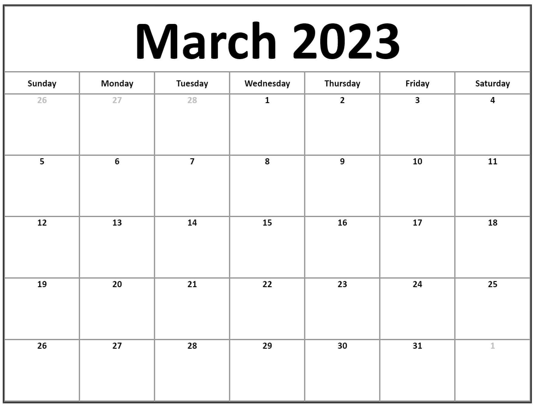 March 2023 Calendar Blank Template