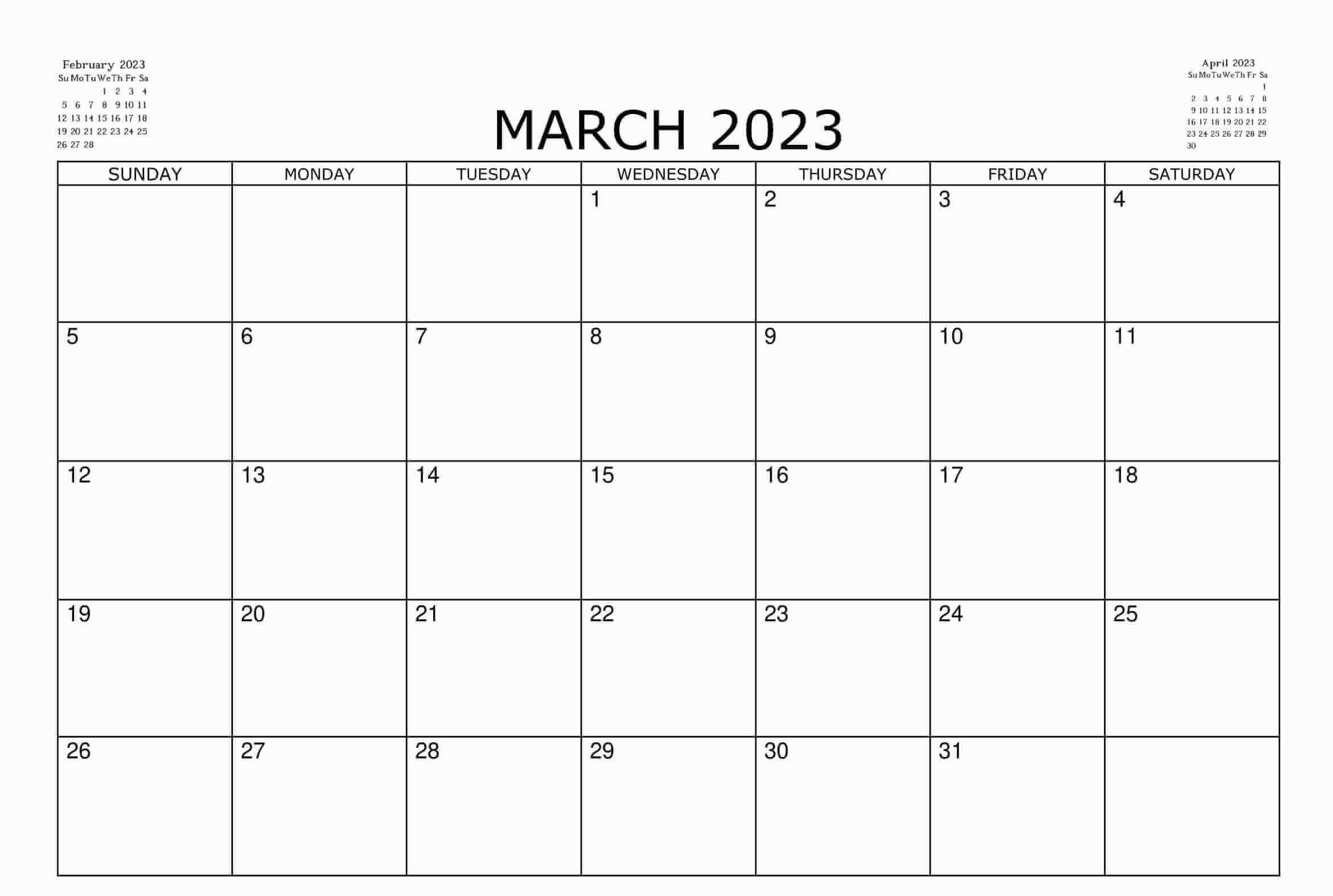 March 2023 Calendar with Feb Apr Overview