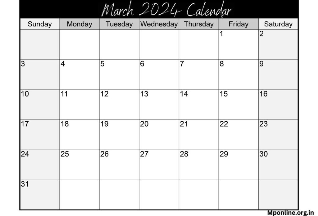 March 2024 Calendar Blank Template Word
