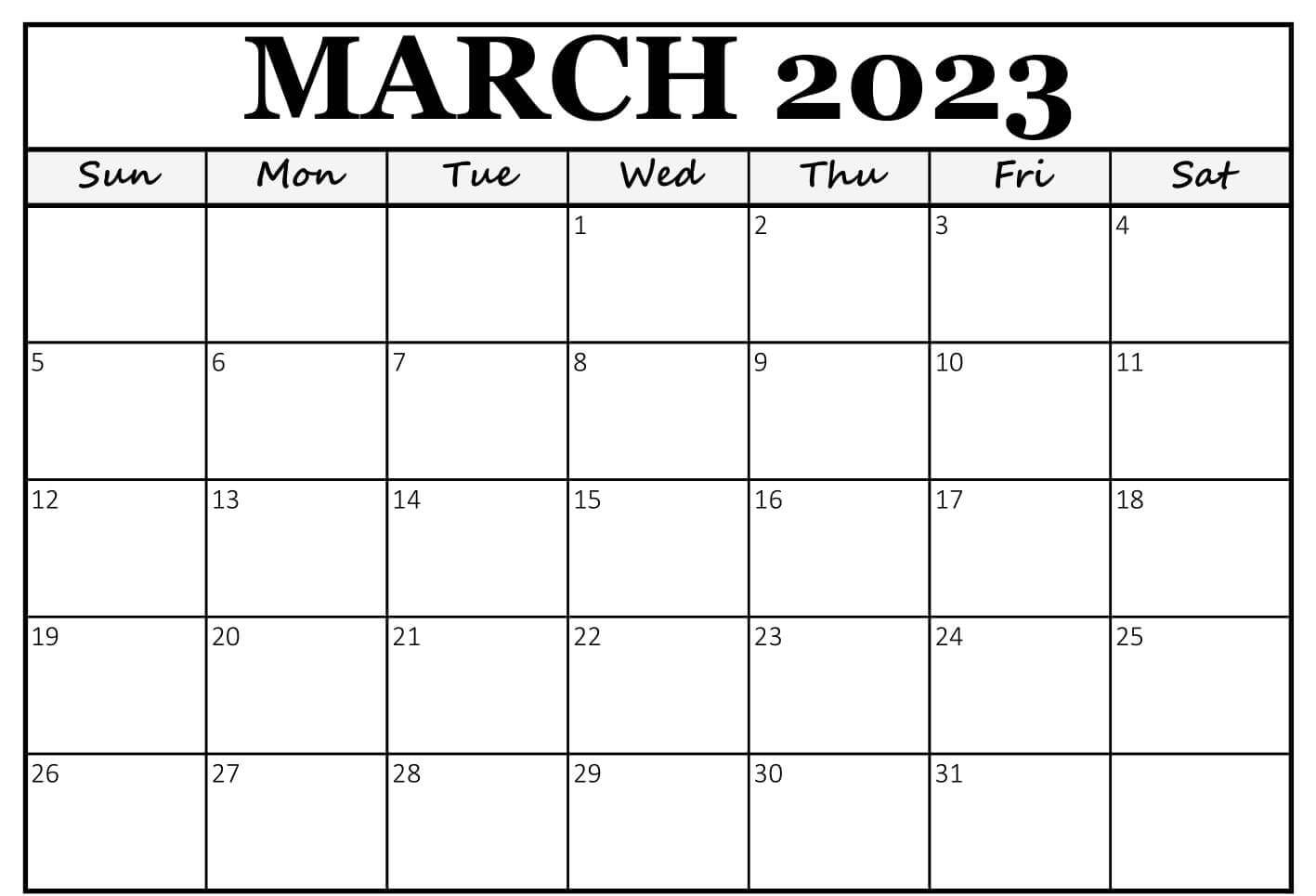 Printable Blank March 2023 Calendar