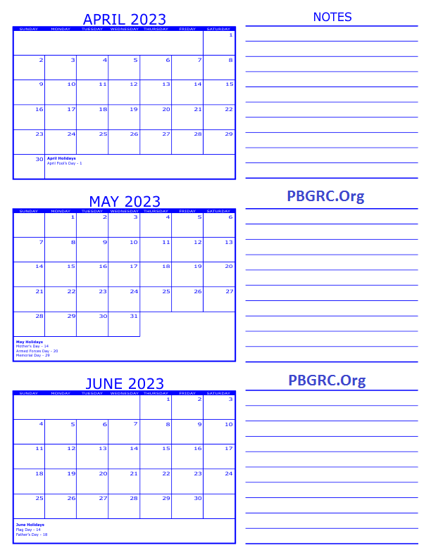 3 Month Calendar 2023 April May June with Notes